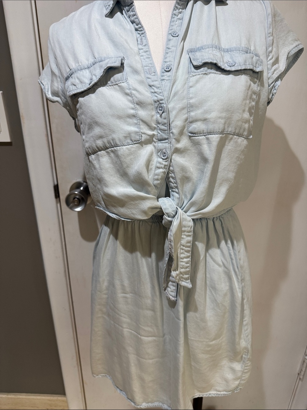 BB Dakota Light Blue Tie-Waist Shirt Mini Dress